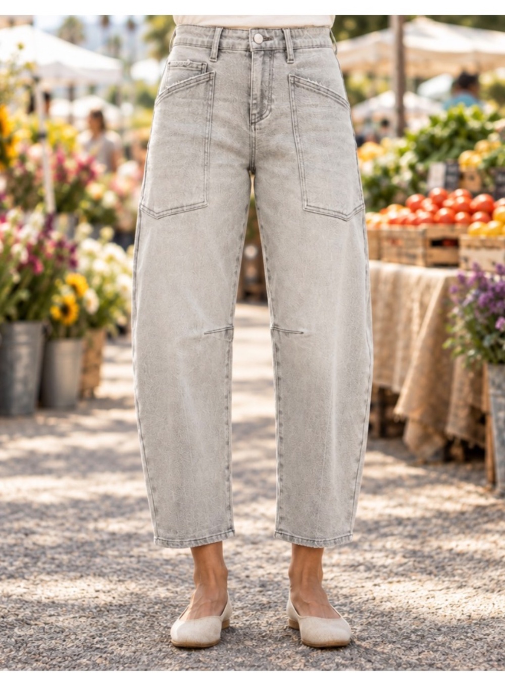 Risen Light Grey Slouchy Barrel Leg Denim Jeans
